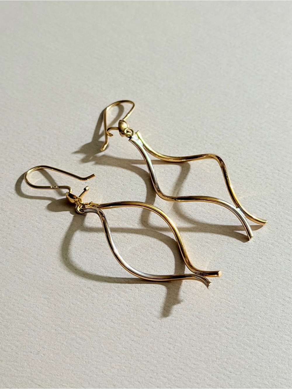 18K Italian white and yellow gold Wave Drop Earrings for Women